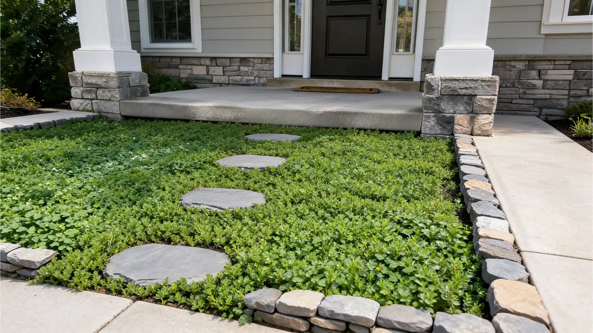 _small front yard with low green ground cover and stepping stones replacing patchy lawn grass