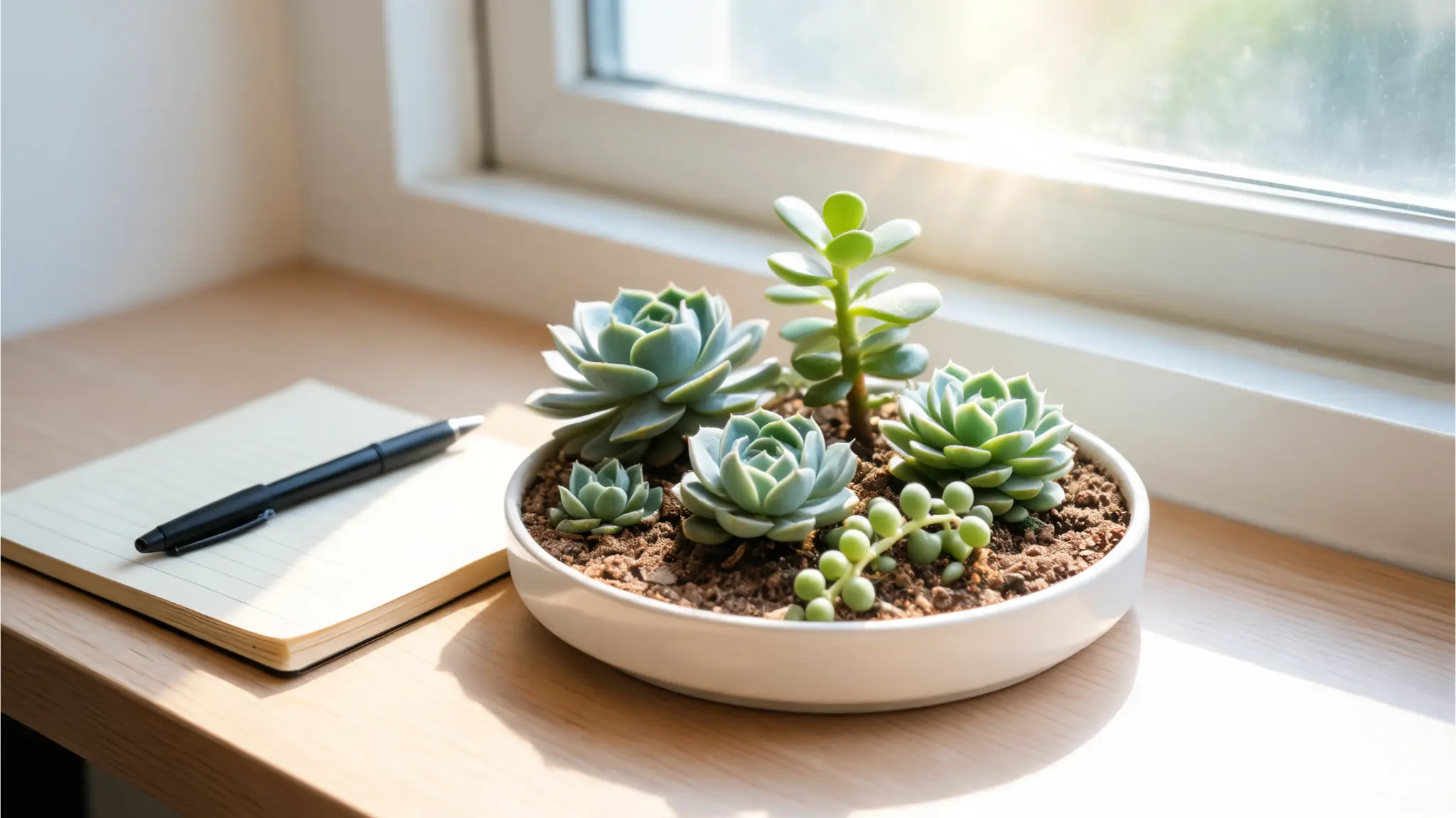 small group of succulents in a tray on a sunny office desk