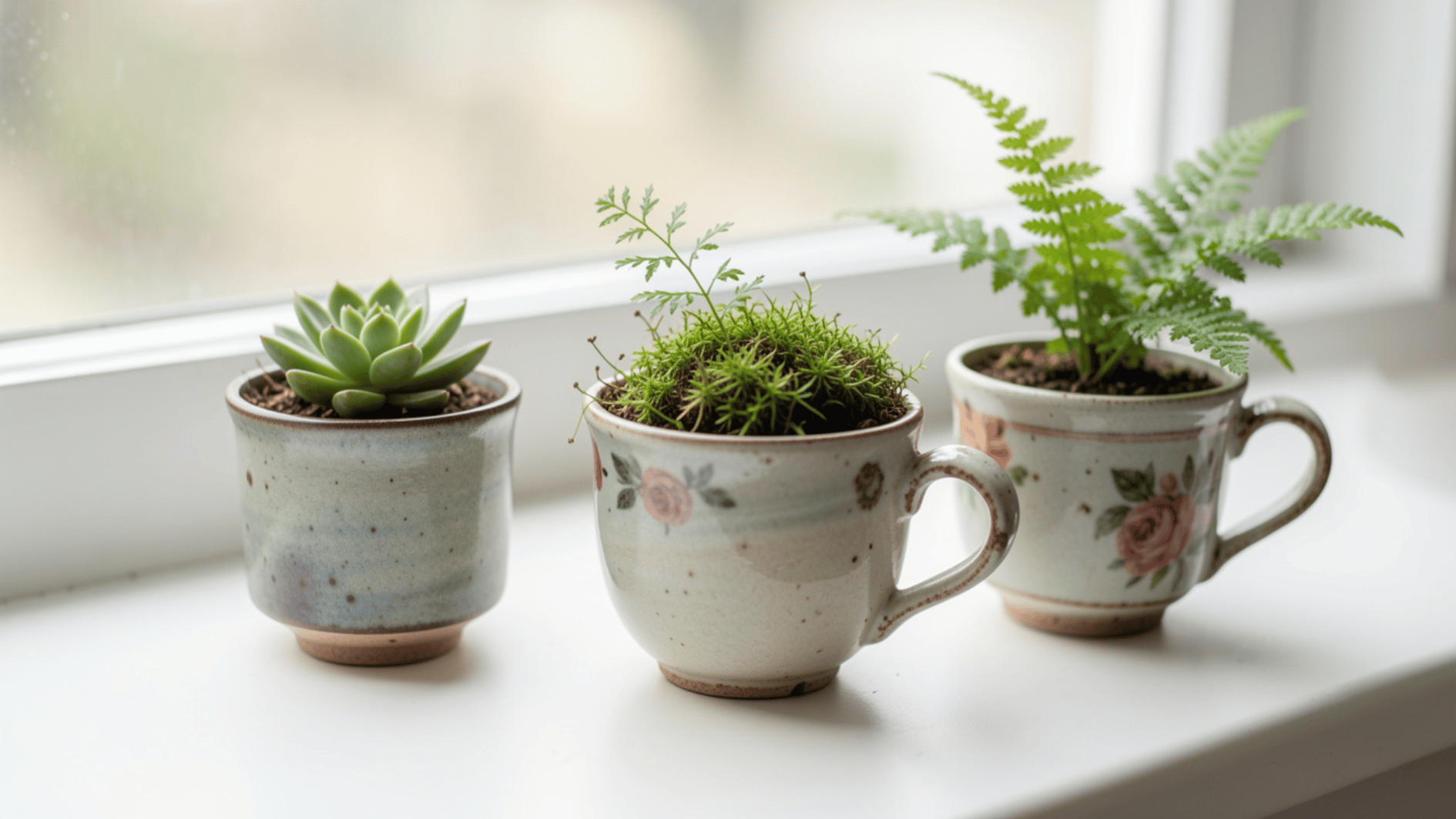 small potted succulent, moss, and fern in ceramic cups on bright windowsill with soft natural daylight
