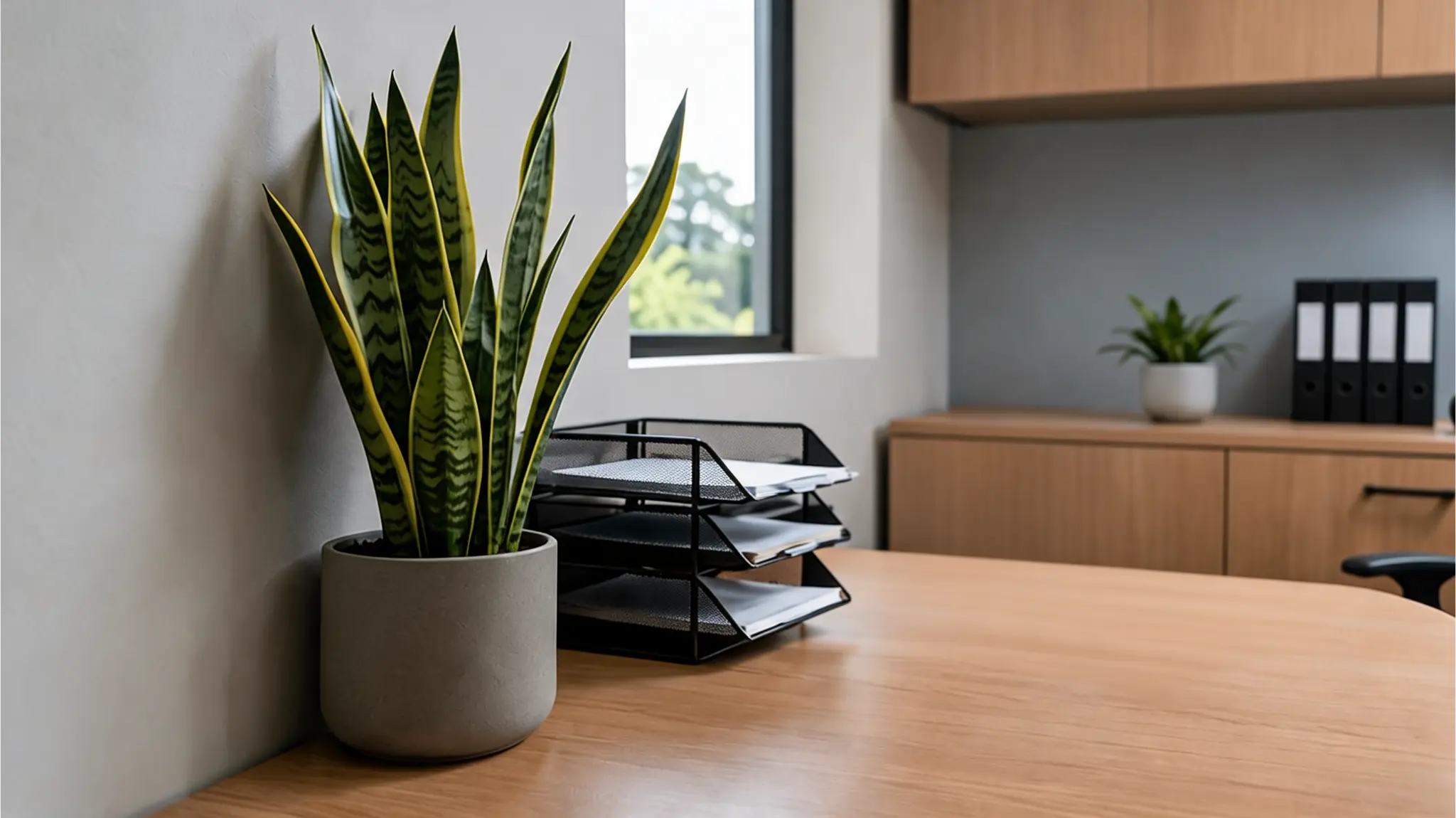 snake plant in a gray pot on an office desk near a window