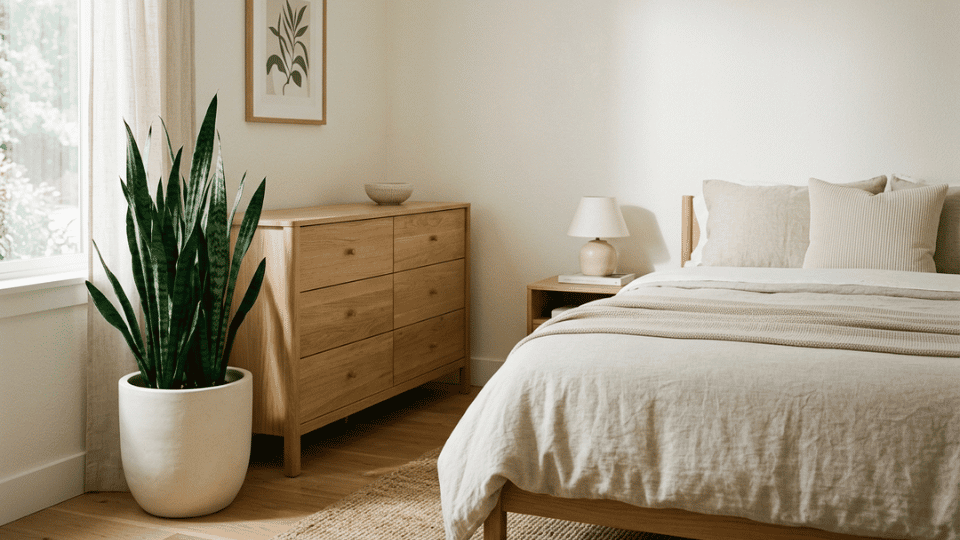 snake plant in a lived-in bedroom corner with rust bedding, wood dresser, and soft morning light