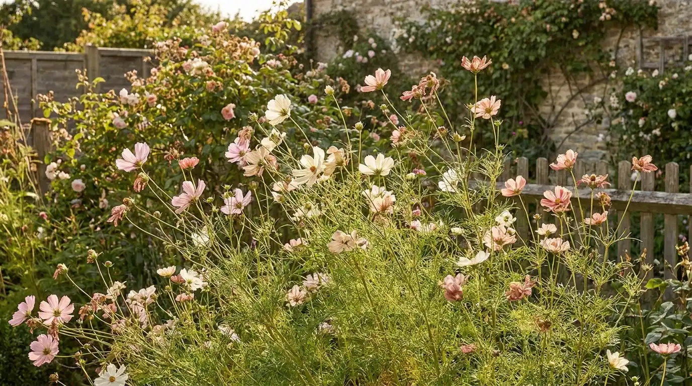 soft cosmos flowers blooming above feathery leaves in a sunny open summer garden bed (1)