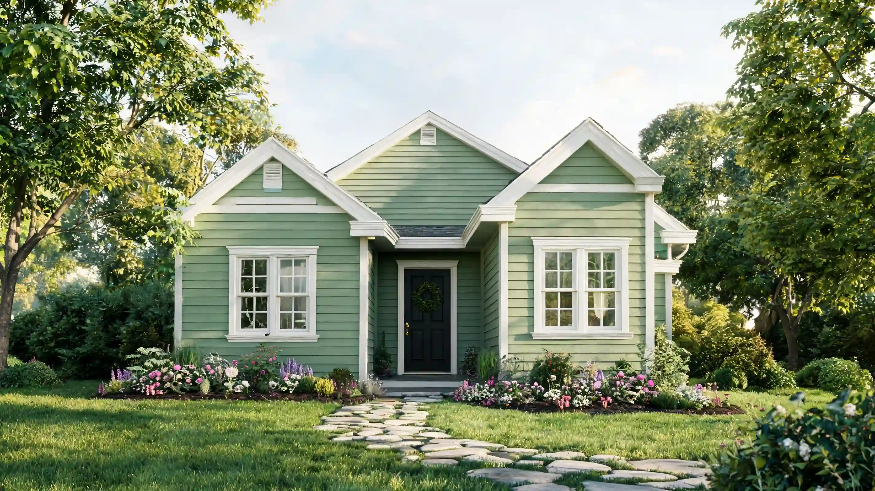 soft sage green cottage with warm white trim dark door garden beds and trees