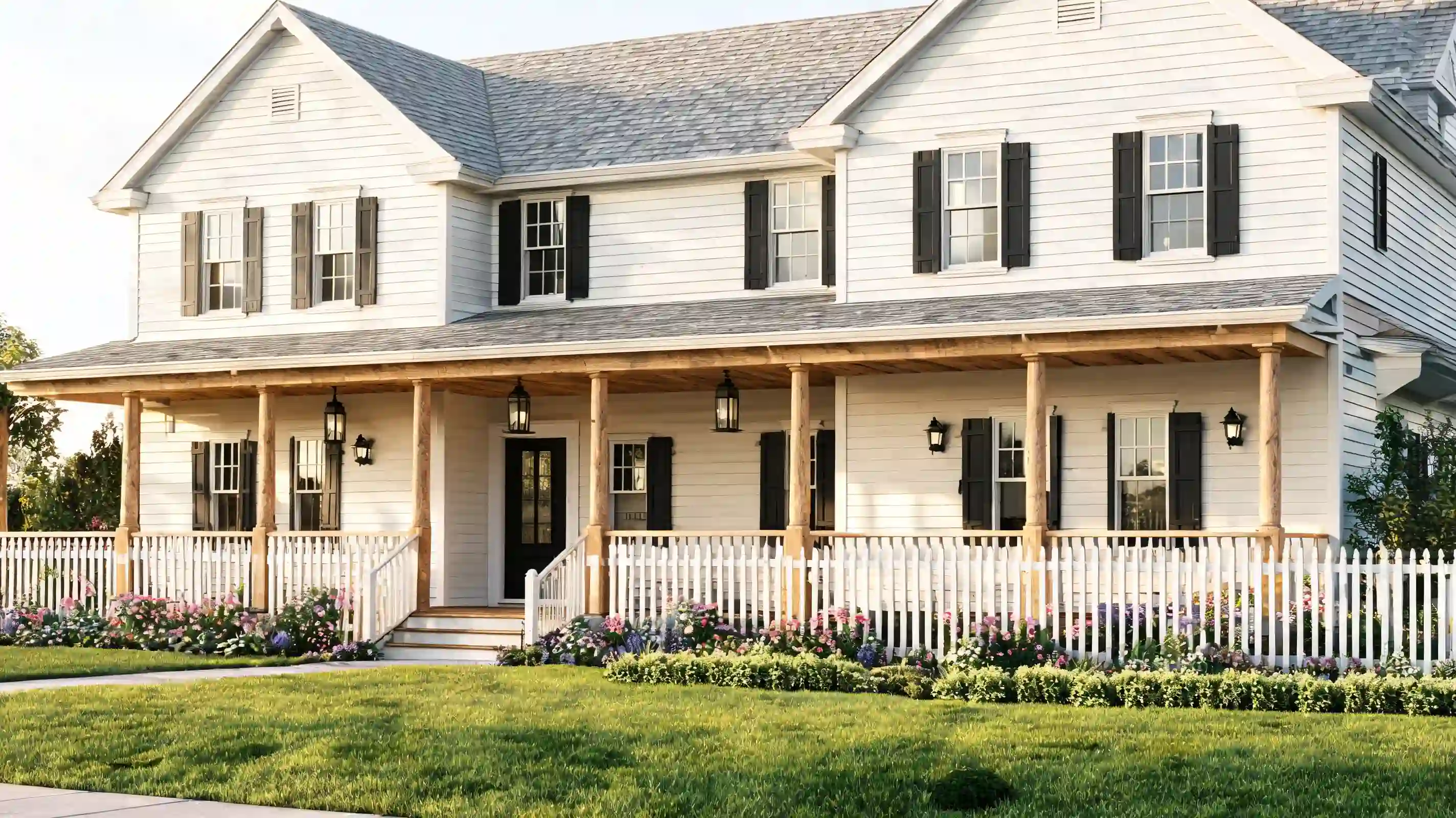 soft warm white dove farmhouse exterior with black shutters porch planters and green lawn