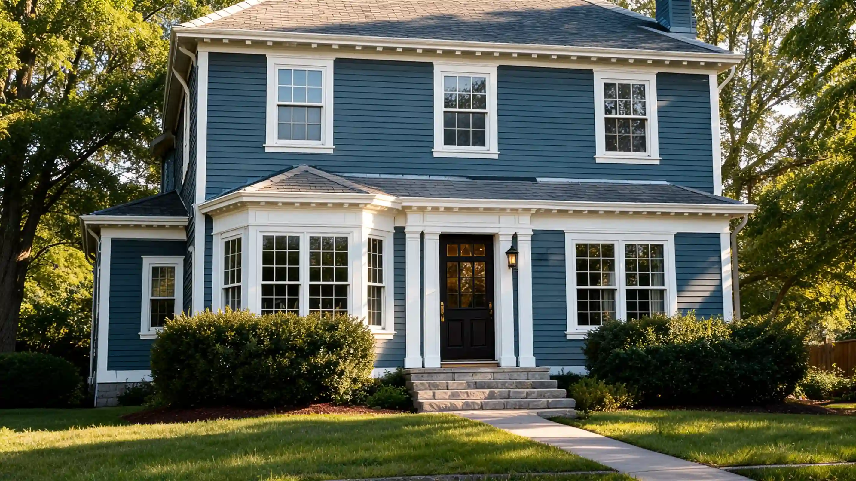 softened deep blue heritage home with white trim stone steps and muted greenery