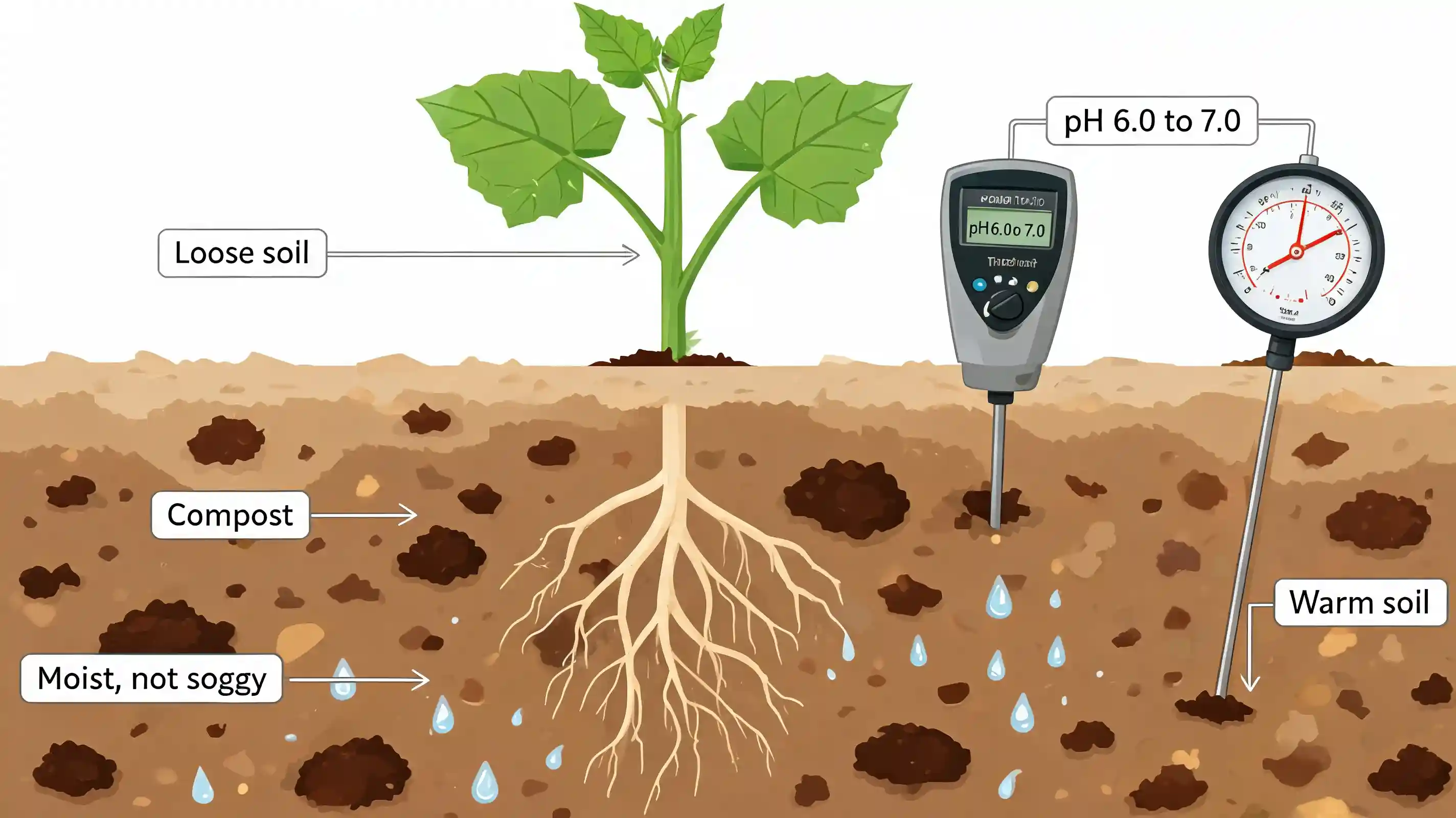 soil cross section showing cucumber roots compost moisture warm soil and ph range