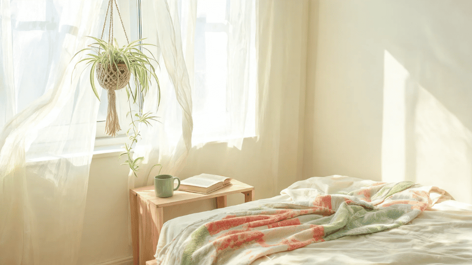 spider plant in a bright bedroom window corner with airy curtains, coral throw, and bedside mug