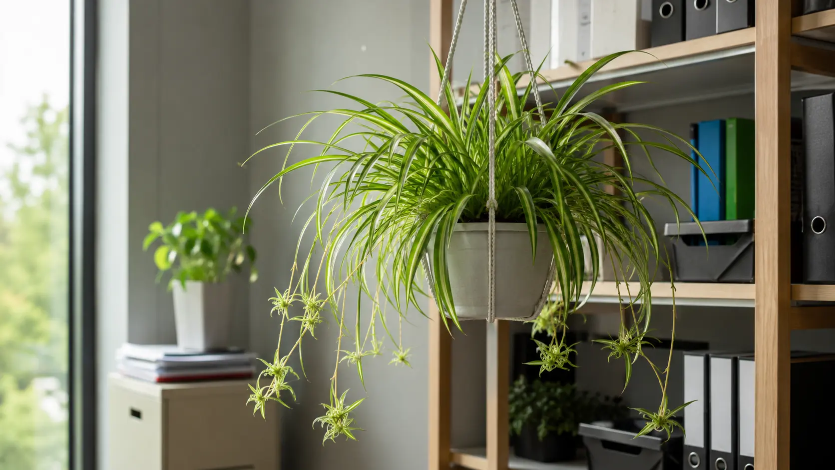 spider plant in a hanging pot near office shelves and a bright window