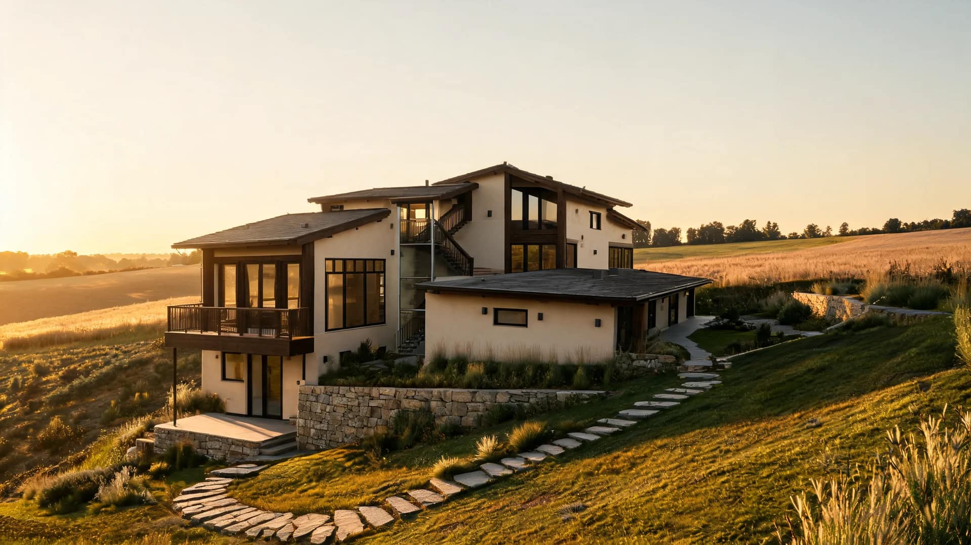 split level modern farmhouse exterior on sloped land with stone walls wood accents and field facing balconies