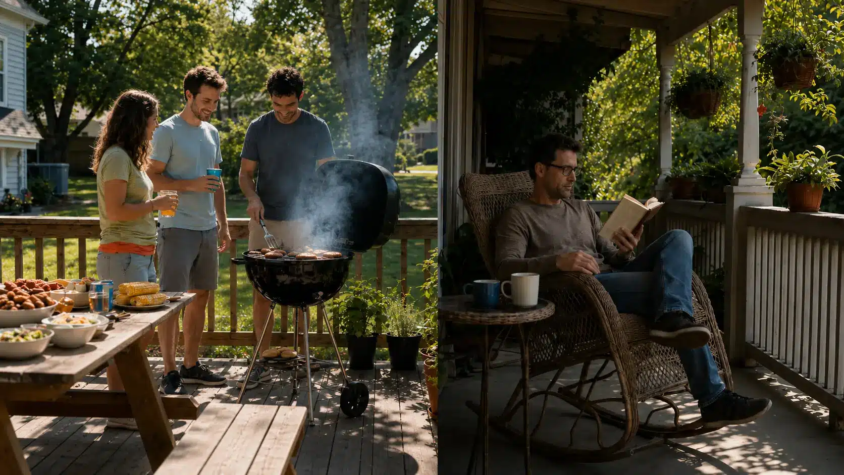 split scene showing deck vs porch with friends grilling on a sunny deck and one person reading on a shaded porch