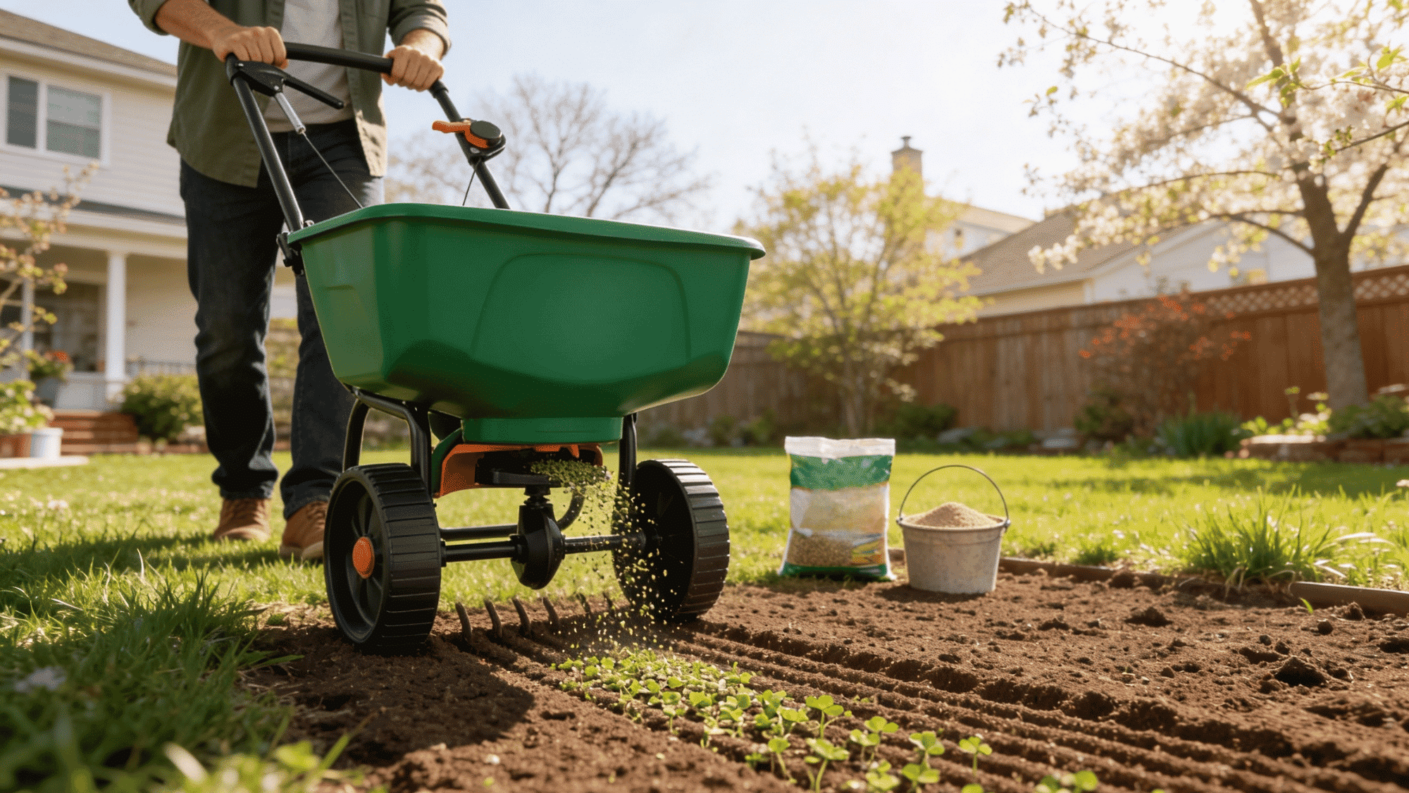 spreading clover lawn seeds evenly across prepared soil using a lawn spreader in backyard