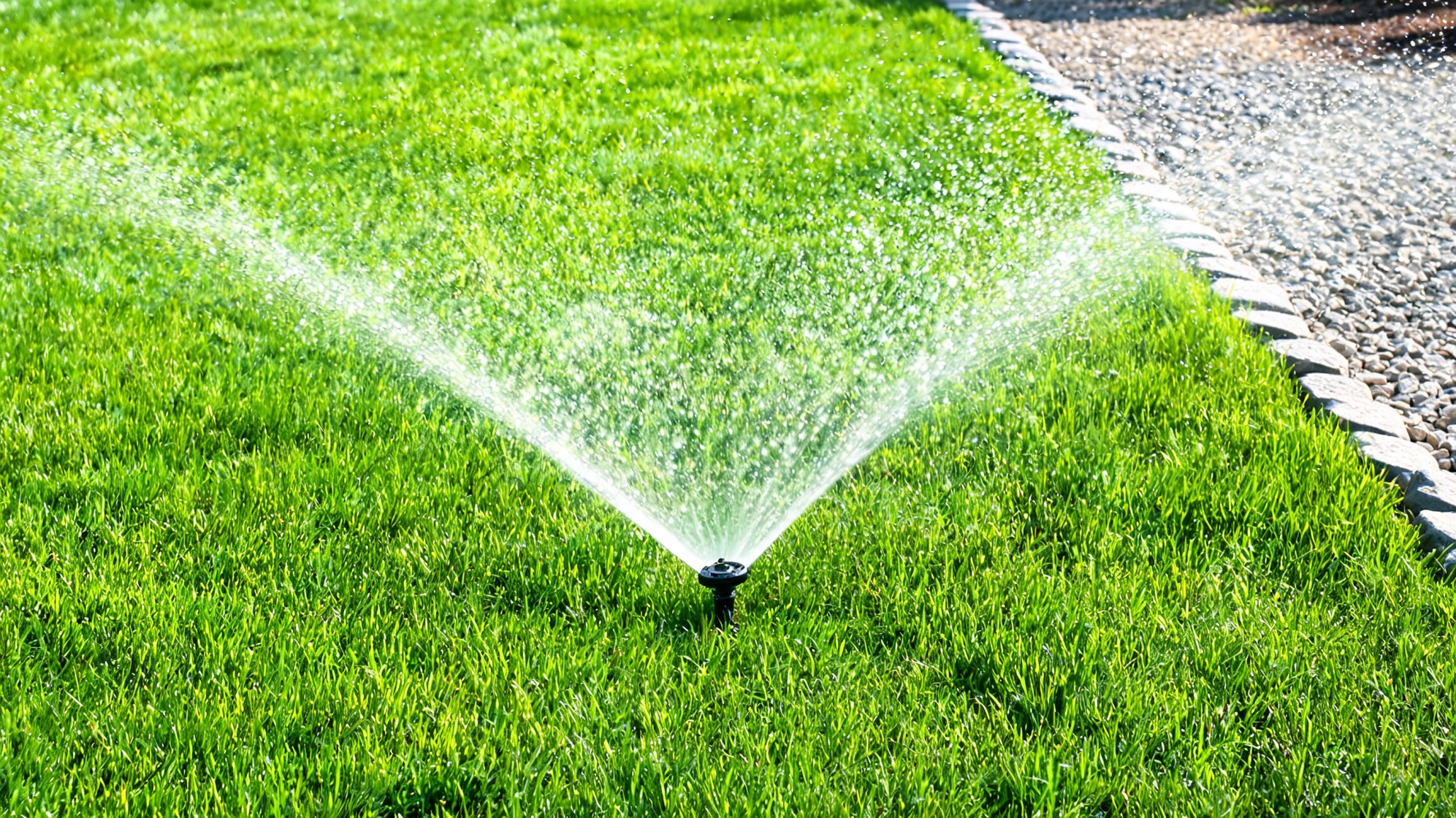 sprinkler system watering a lush green lawn bordered by rocks for irrigation