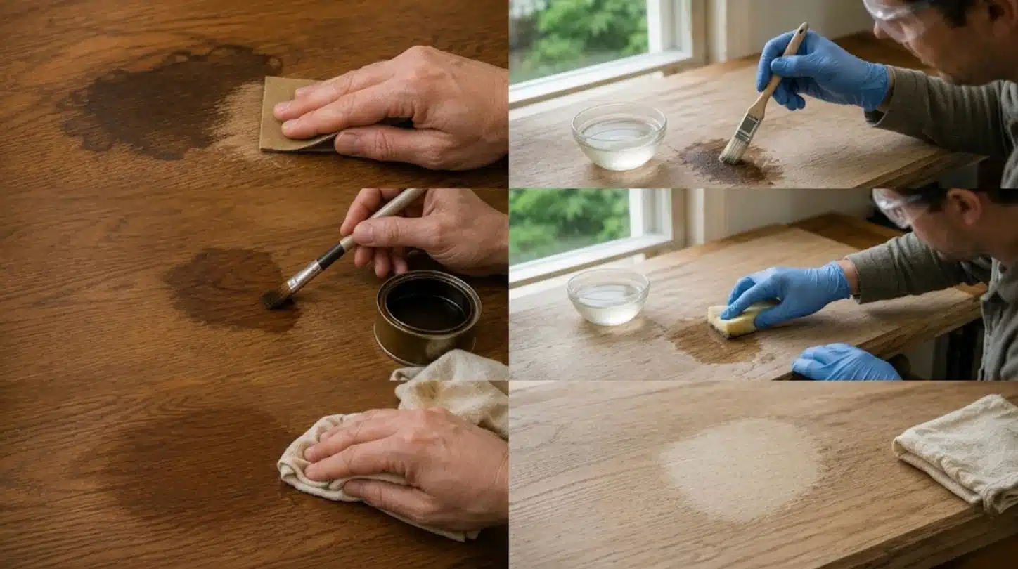 step-by-step collage showing how to remove water stains from wood using sanding, refinishing, oxalic acid, and wiping