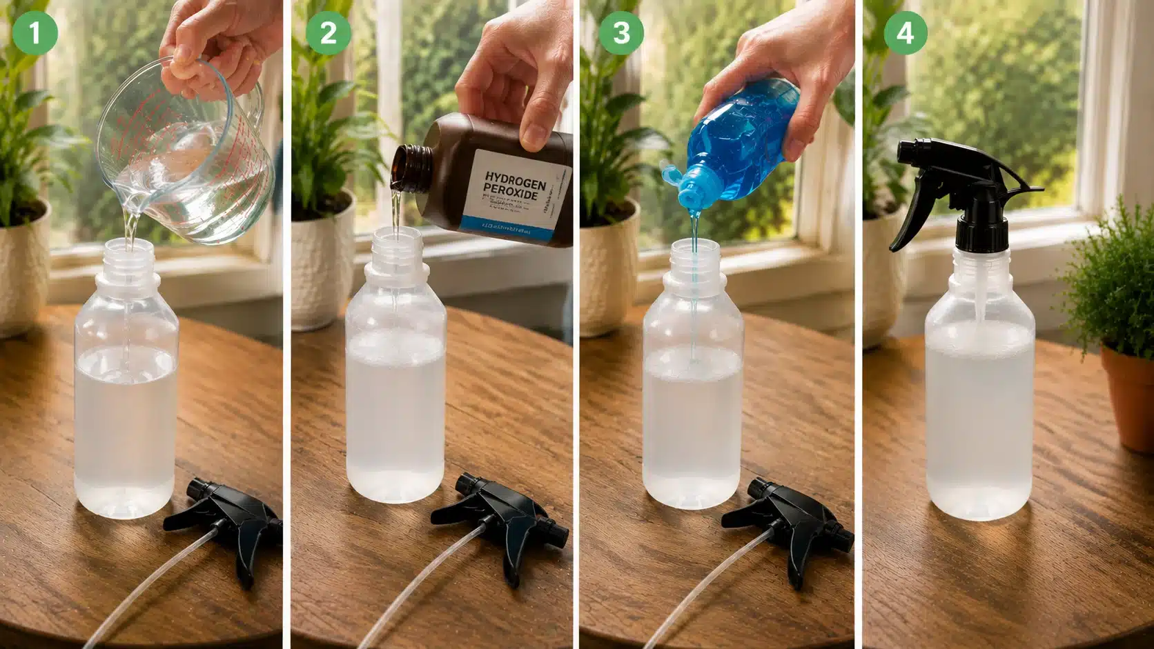 step-by-step guide for making a weed killer, pouring water, hydrogen peroxide, and dish soap into a spray bottle