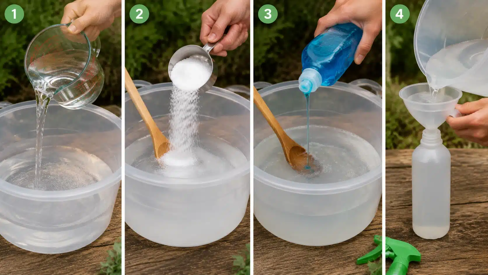 step-by-step guide showing the process of making a homemade cleaning solution with water, salt, dish soap, and a funnel