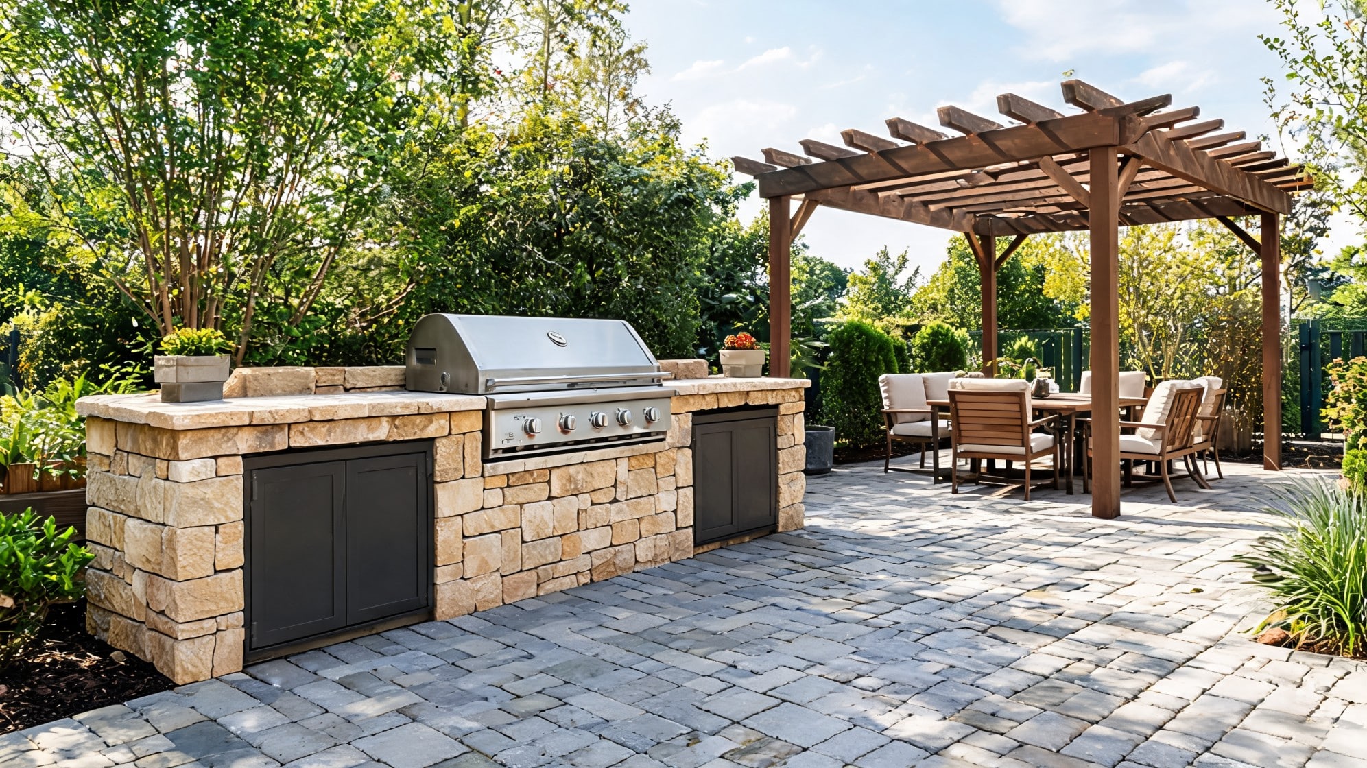 stone bbq station with stainless grill storage doors pergola and dining area