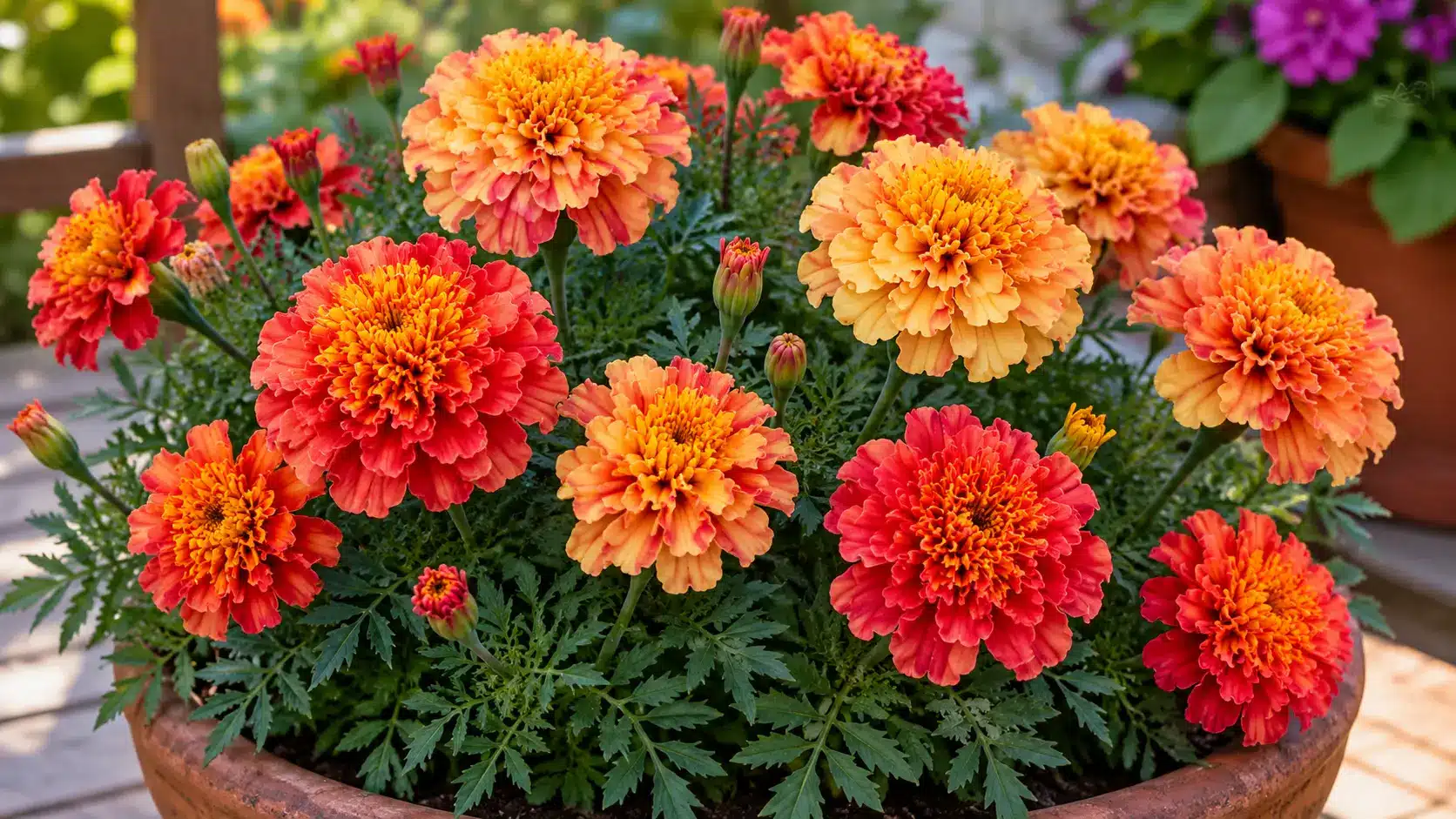 strawberry blonde french marigolds showing red to gold color shifts in a small container