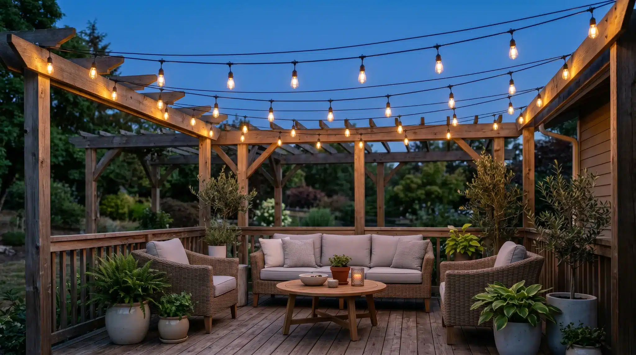 string lights overhead of porch