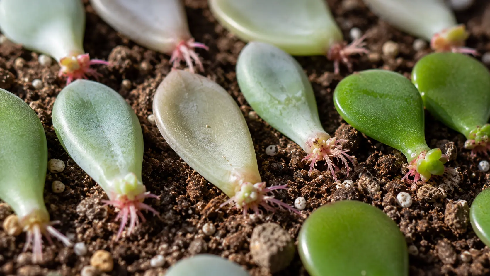 succulent leaf propagation with plump leaves growing tiny roots on dry soil