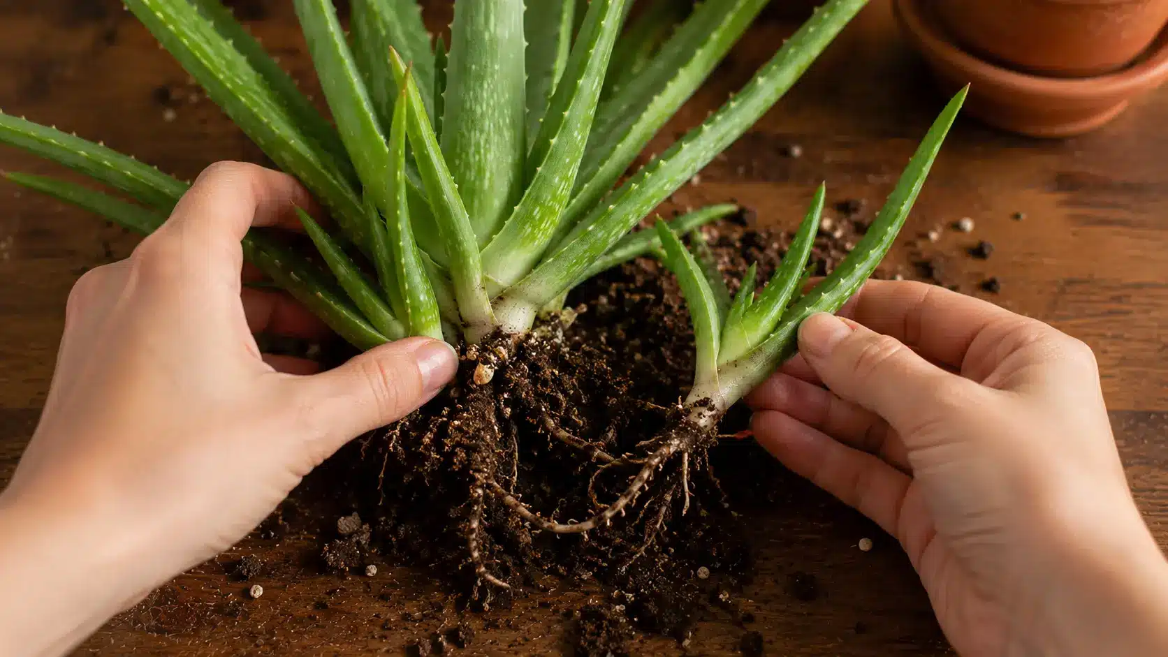 succulent pup propagation with aloe offset and roots attached