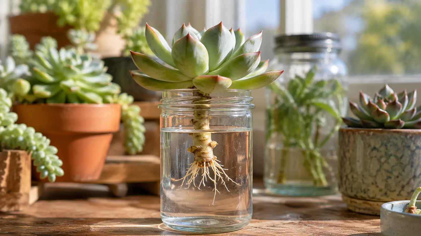 succulent water propagation with cutting growing roots in a clear glass jar