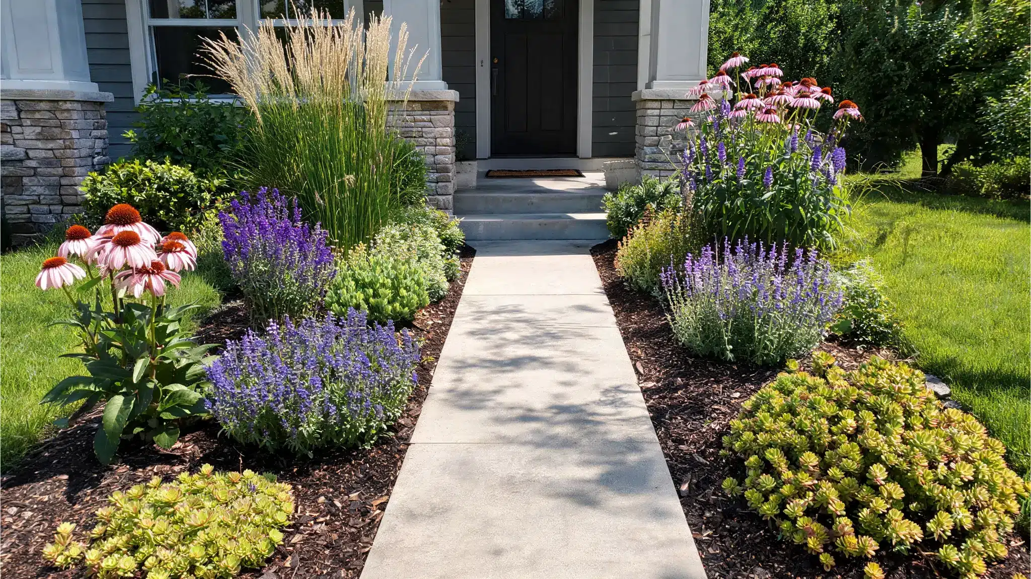 sunny small front yard bed with lavender, salvia, sedum, coneflowers, and ornamental grasses near a walkway