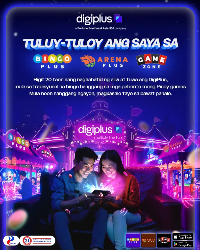 Couple enjoying games on mobile devices in a vibrant neon-lit gaming arcade