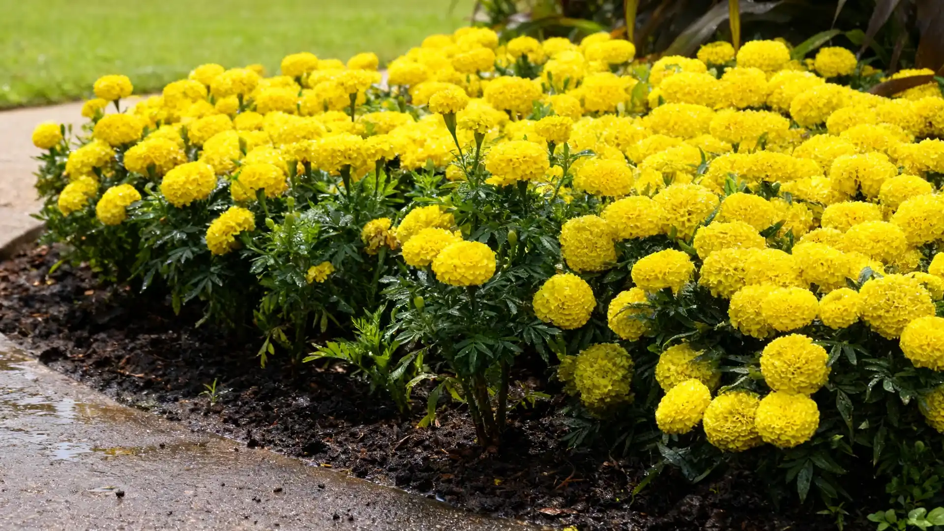 taishan gold marigolds with sturdy stems blooming upright in a sunny garden bed