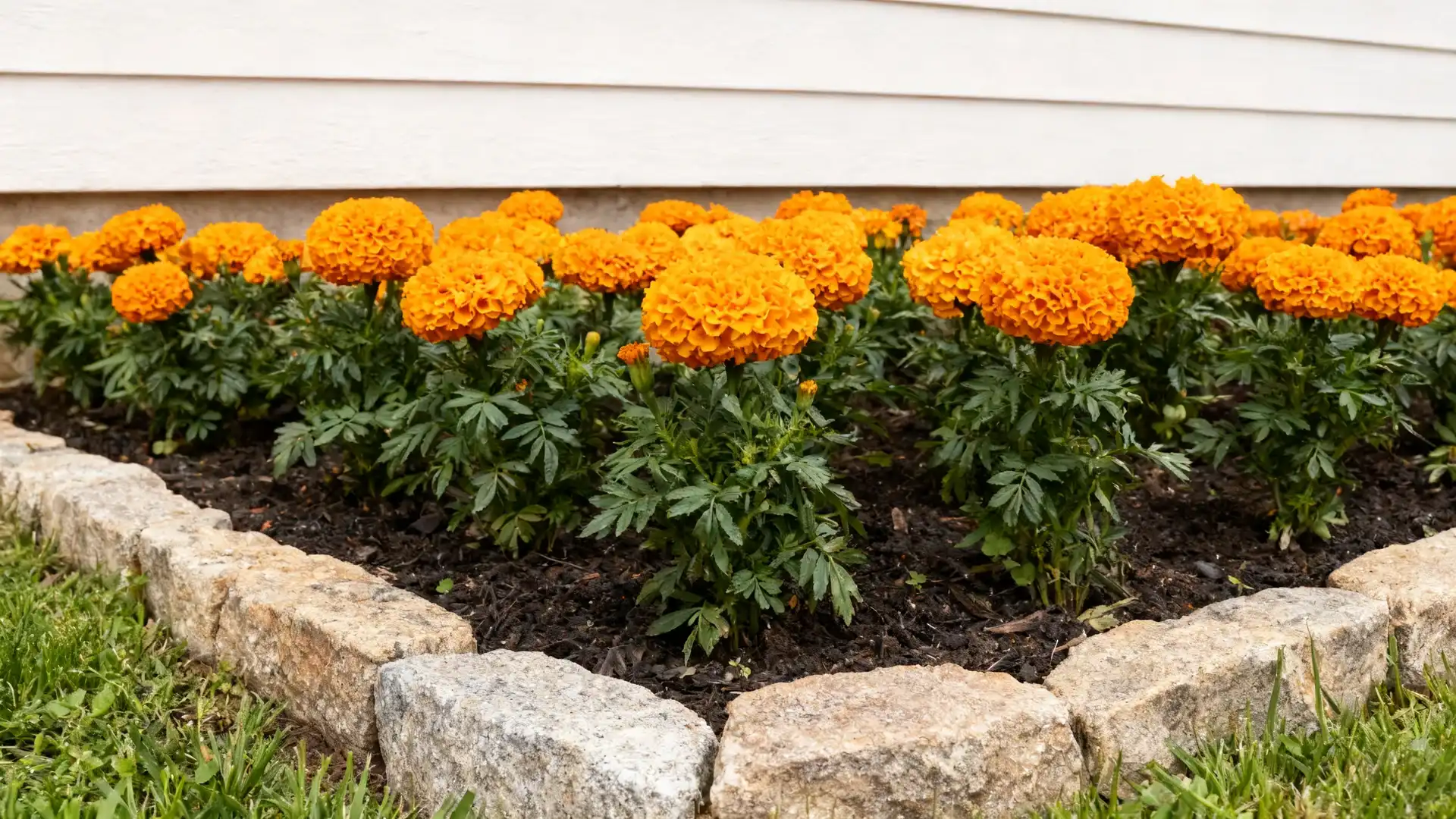 taishan orange marigolds growing in a sunny foundation bed with sturdy compact blooms