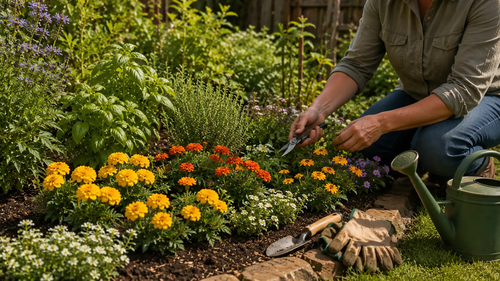 tall african marigolds with large orange and yellow blooms growing at the back of a sunny garden bed