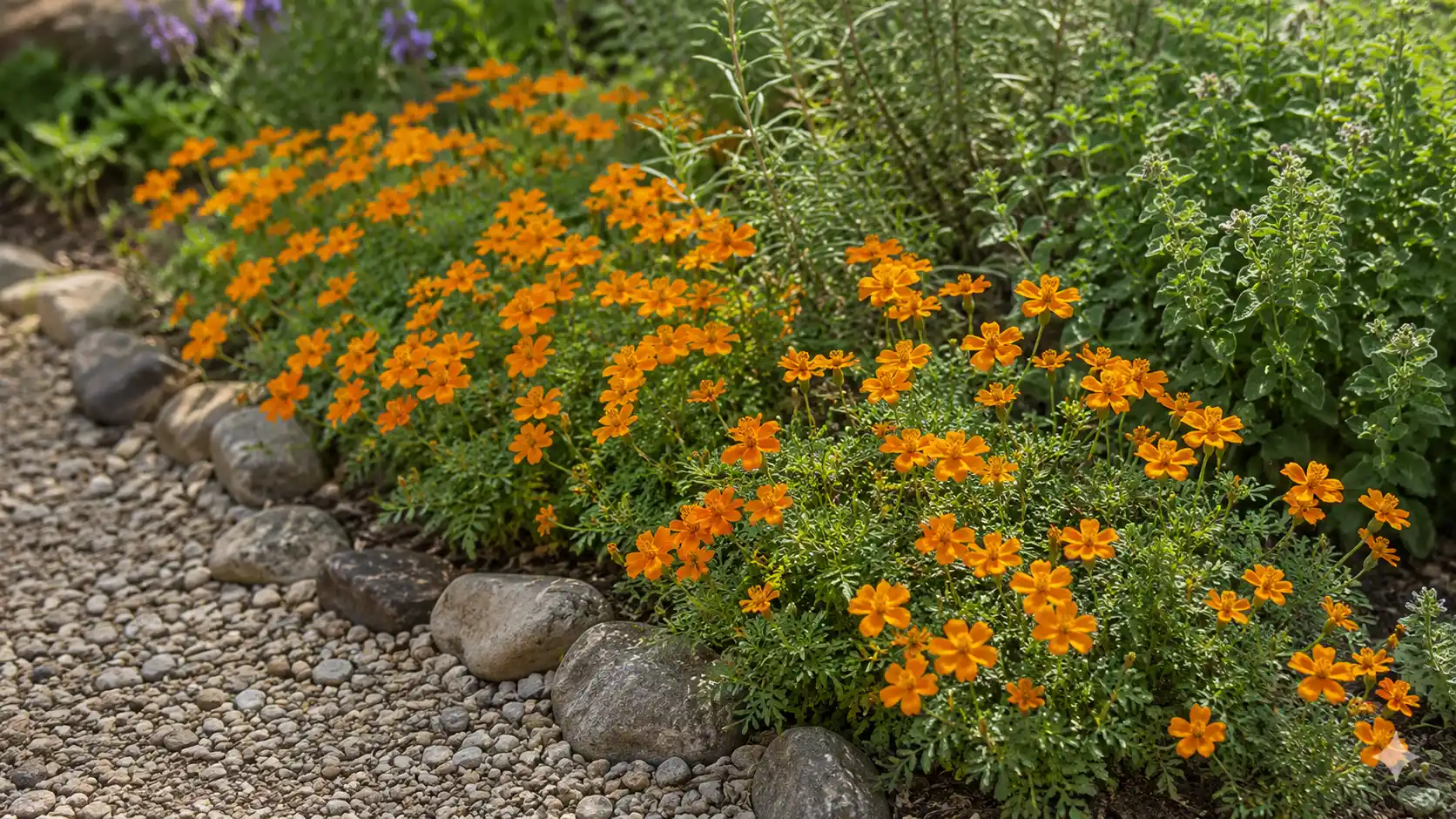 tangerine gem signet marigolds with fine foliage growing along a sunny gravel path