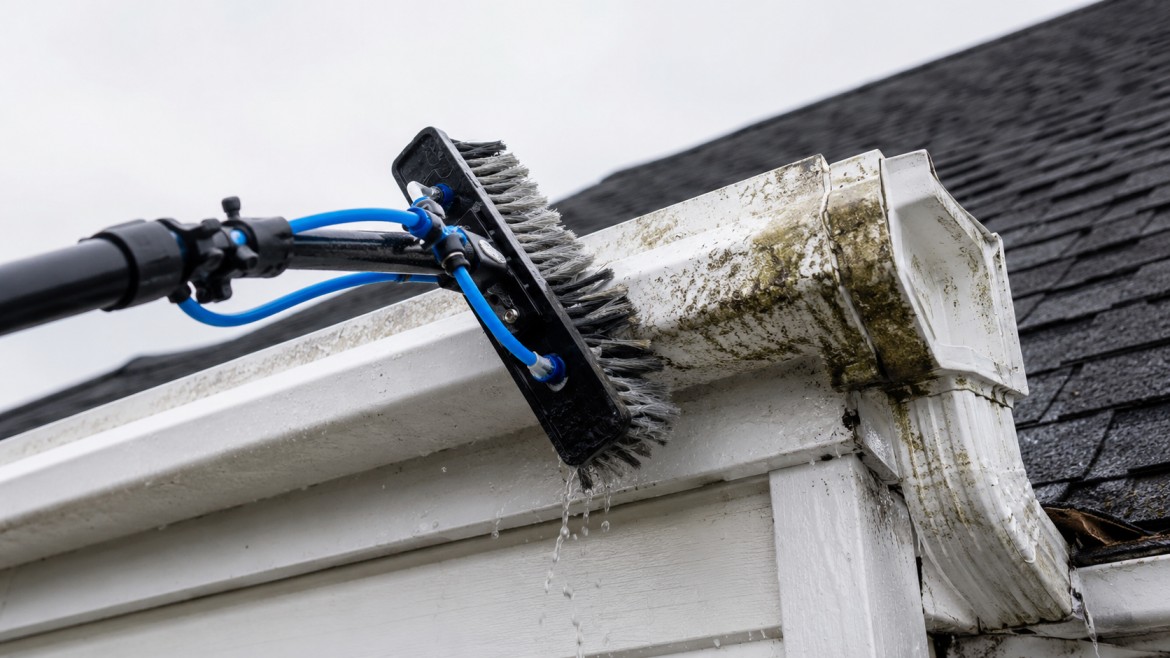 metal roof maintenance with telescopic brush cleaning dirty gutters to support roof drainage and prevent buildup