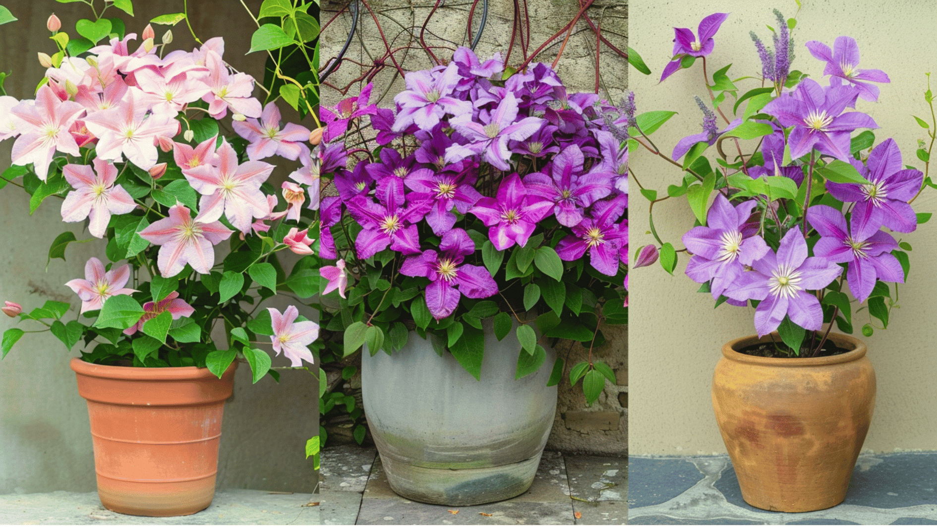 three clematis varieties with different flower colors and forms