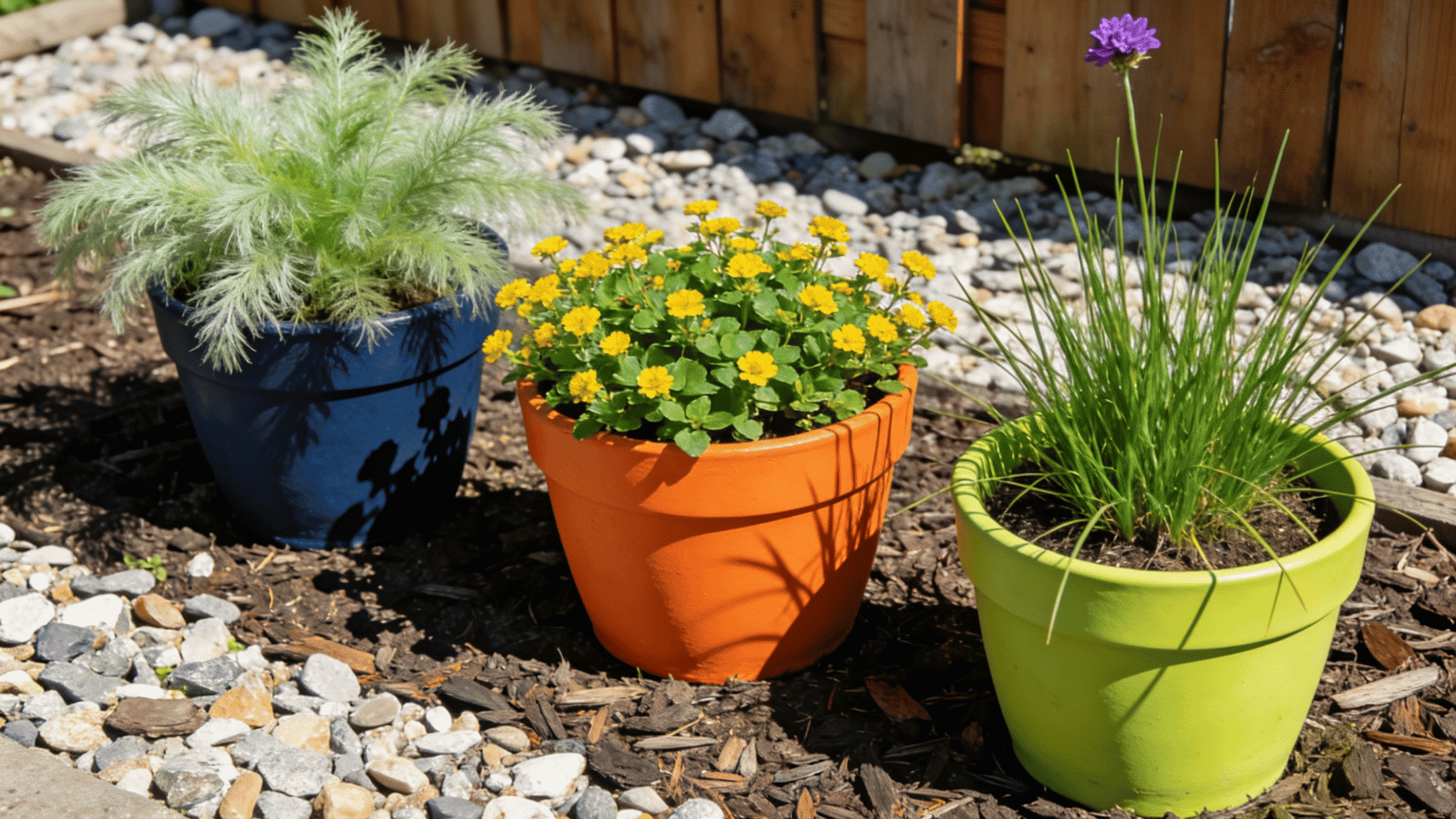 three colorful flower pots with green plants and yellow blooms placed in sunny garden beside wooden fence