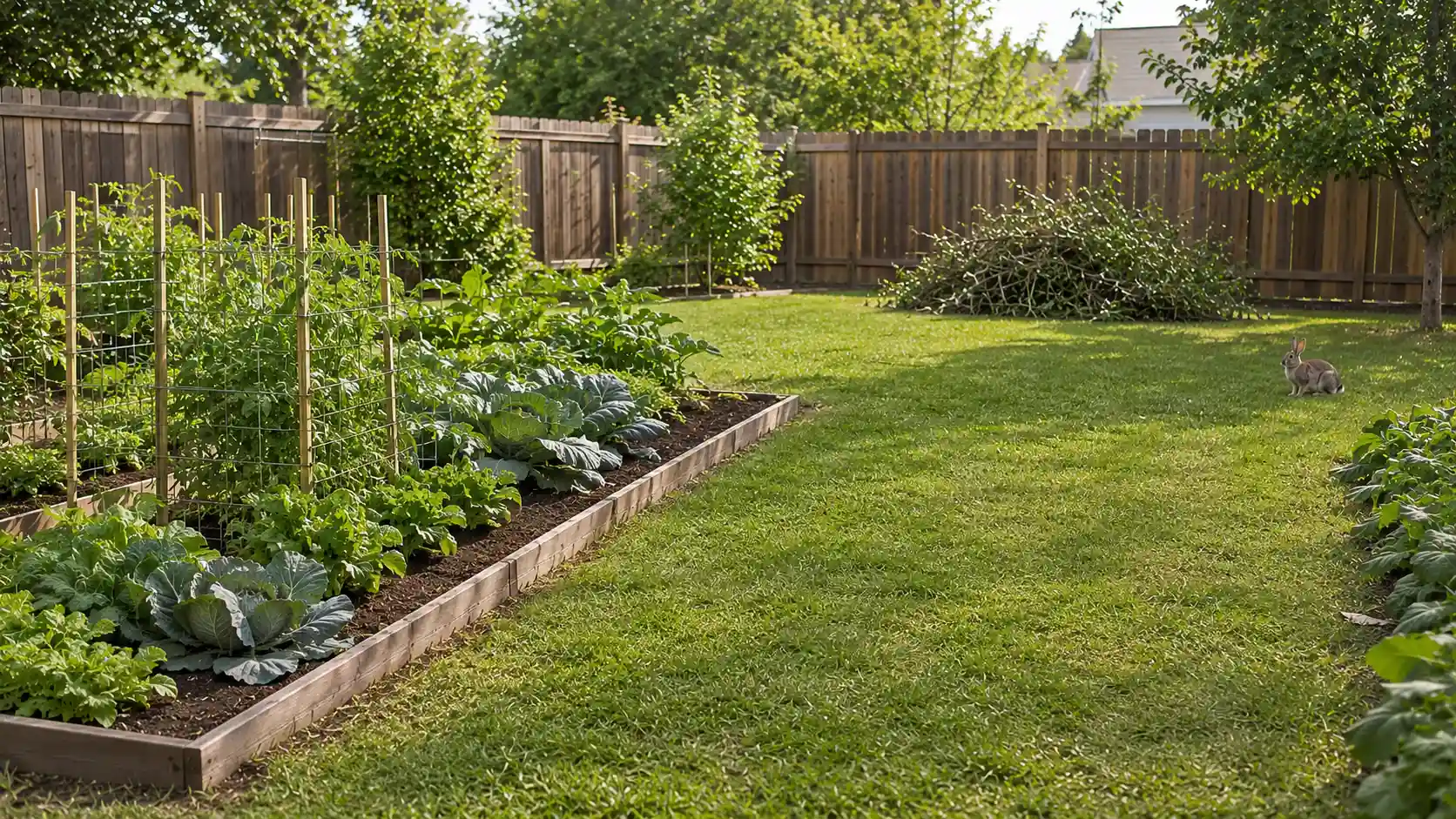tidy yard shows how to keep rabbits out of garden beds by removing shelter, trimming grass, and clearing branches nearby