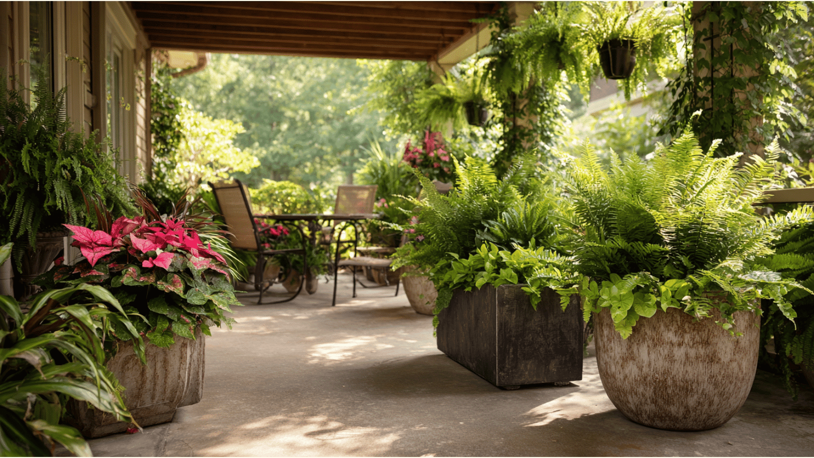 tiered outdoor container garden with white flowers greenery and stylish planters beside elegant patio seating