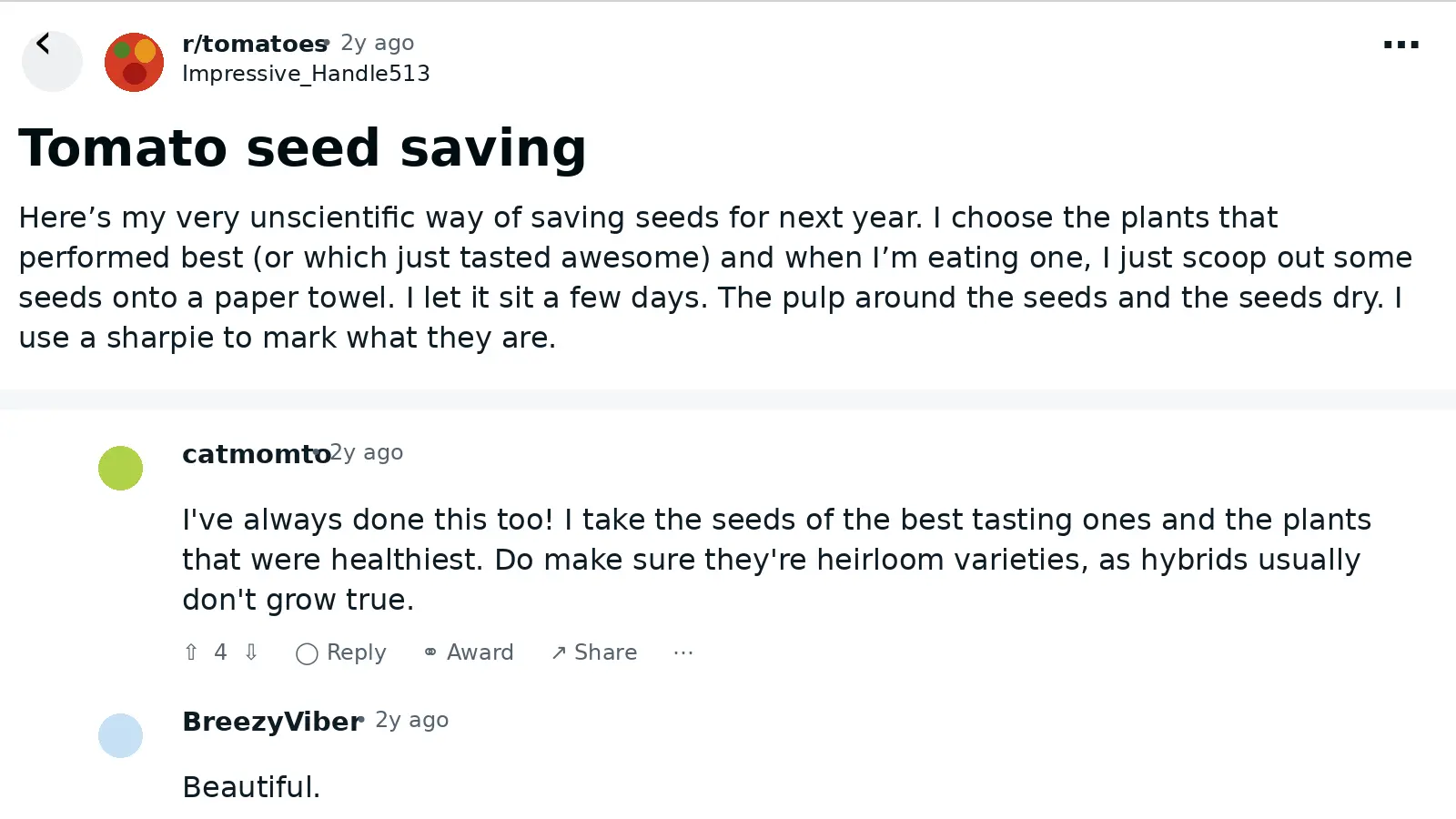 tomato seed saving reddit post without photo and merged comments
