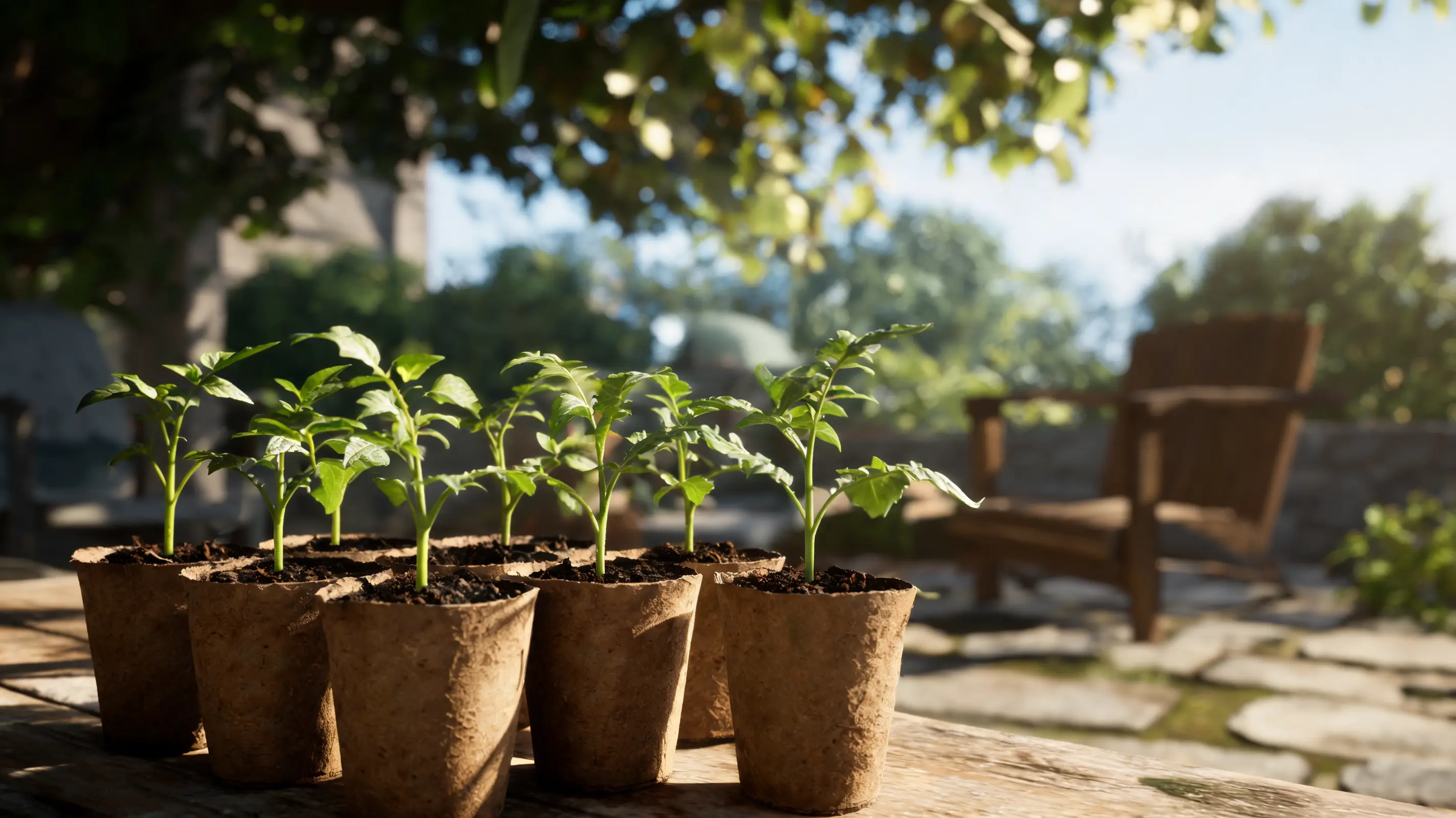 tomato seedlings hardening off outdoors in partial shade before being transplanted into the garden