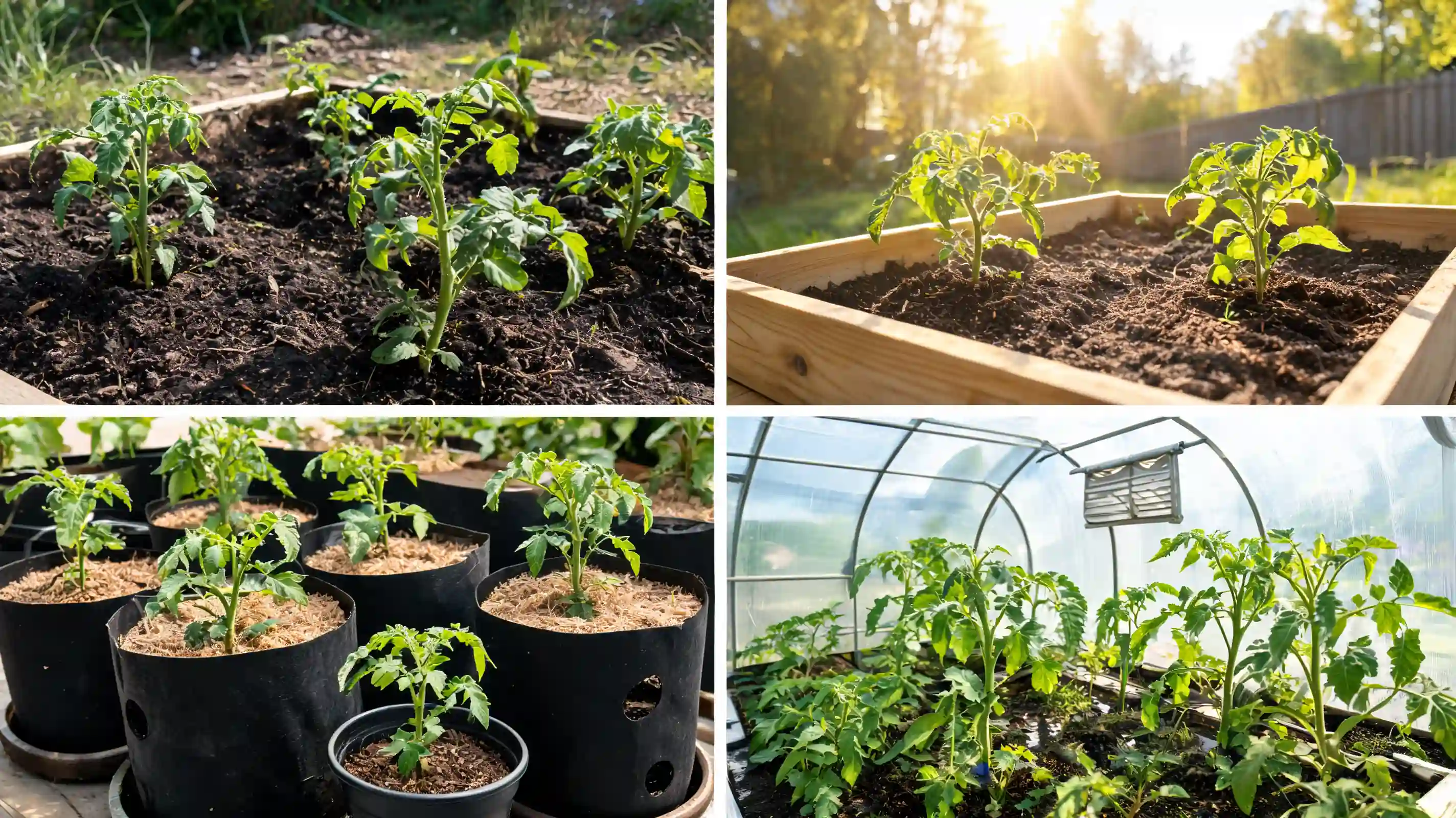 tomato seedlings in garden beds raised beds containers and greenhouse setups in a realistic