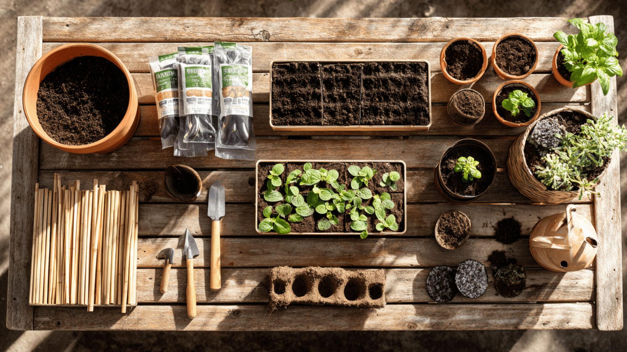 top view of gardening tools, seed trays, soil pots and young seedlings arranged on a wooden outdoor table in sunlight