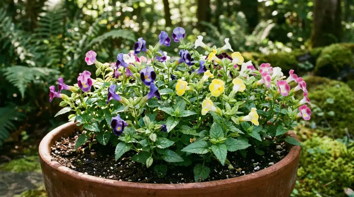 torenia flowers blooming in a shaded container with small trumpet blooms and fresh leaves