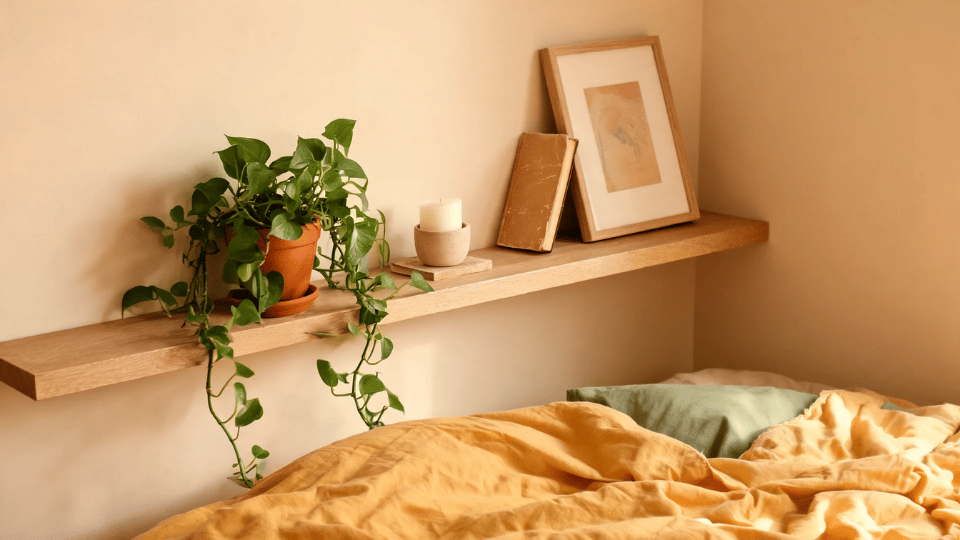 trailing pothos on a bedroom shelf above a cozy bed with books, candle, and mustard bedding