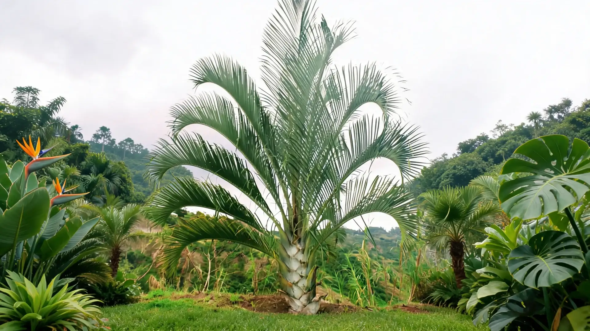 triangle palm tree with three sided frond arrangement in a garden setting