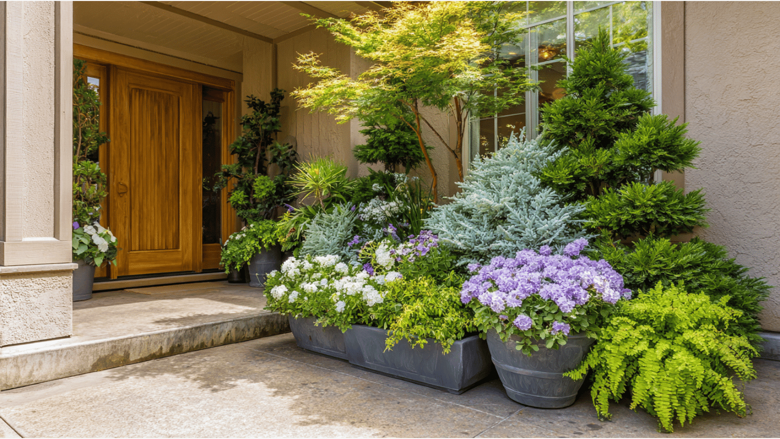 tropical patio container garden with lush palms ferns and leafy plants in large pots beside cozy wicker seating
