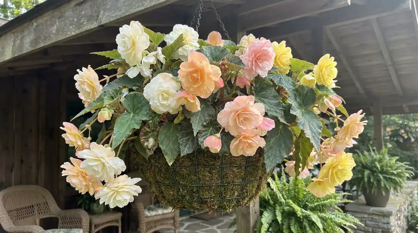 tuberous begonias blooming in a shaded patio pot with large soft flowers and green leaves