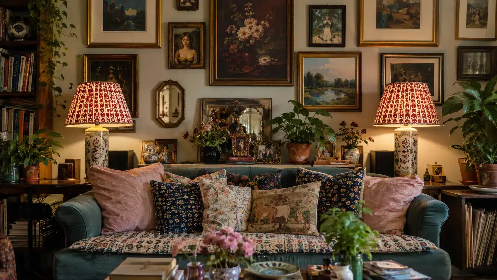two patterned lampshades in a layered maximalist room with books, art, plants, and decor
