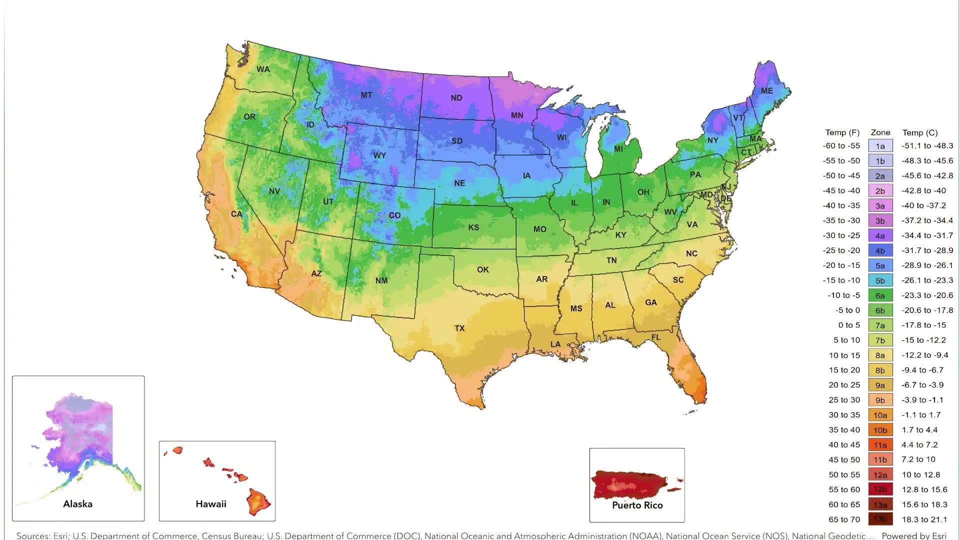 united states plant hardiness zone map showing temperature ranges across states with alaska hawaii and puerto rico