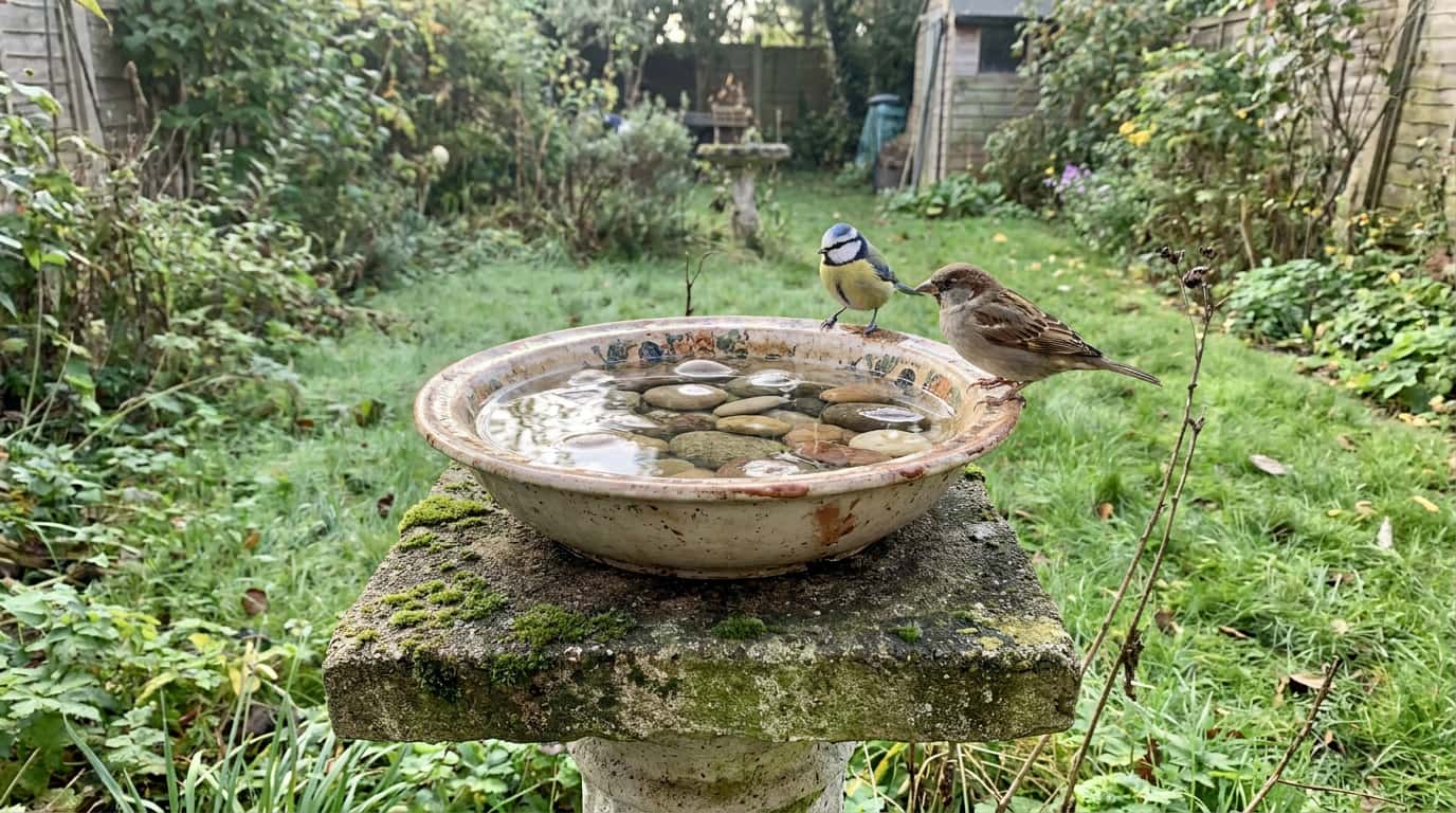 upcycled dish bird bath on a stable base with stones and clean shallow water