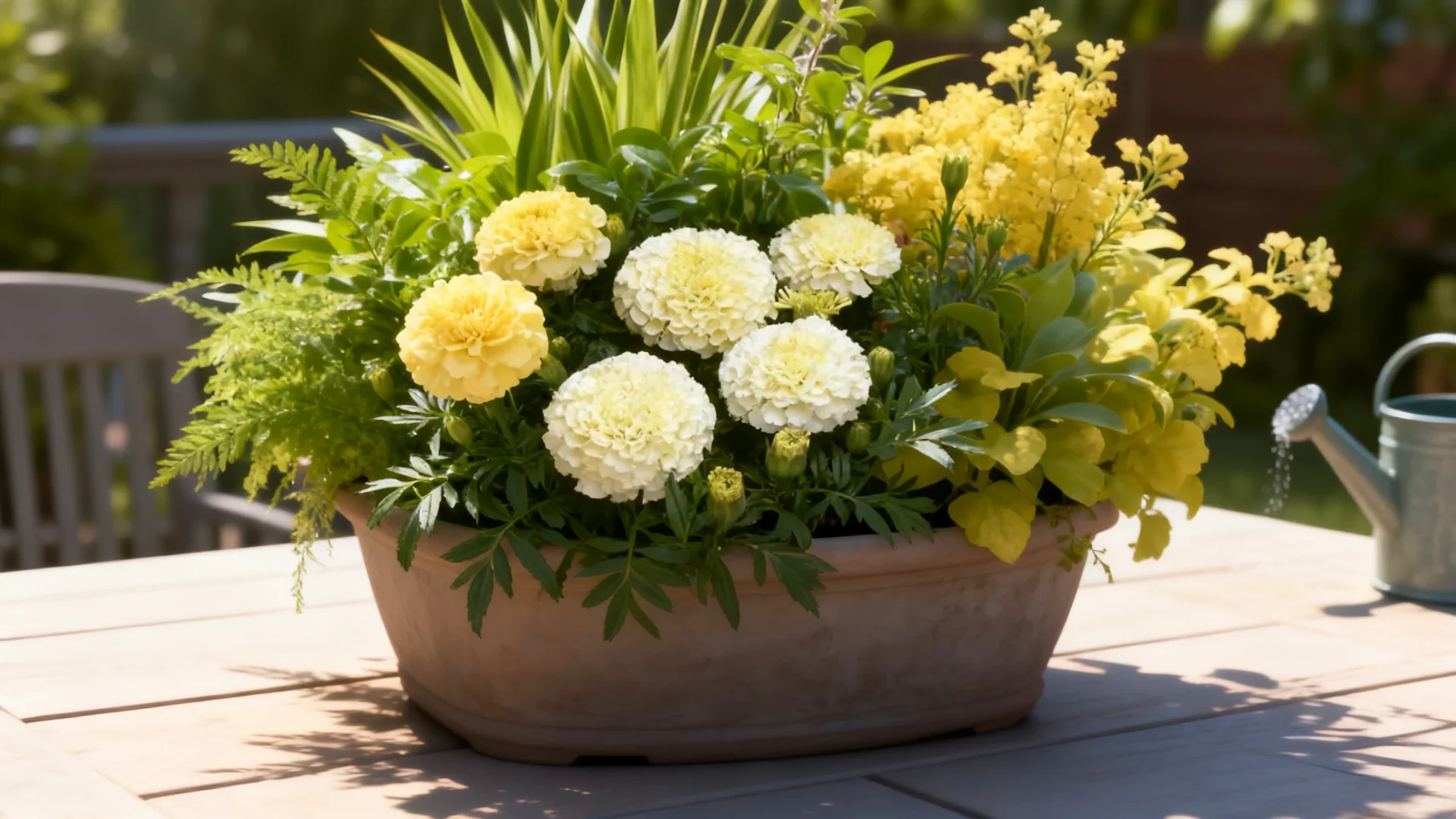 vanilla marigolds with pale cream blooms growing in a mixed sunny patio container