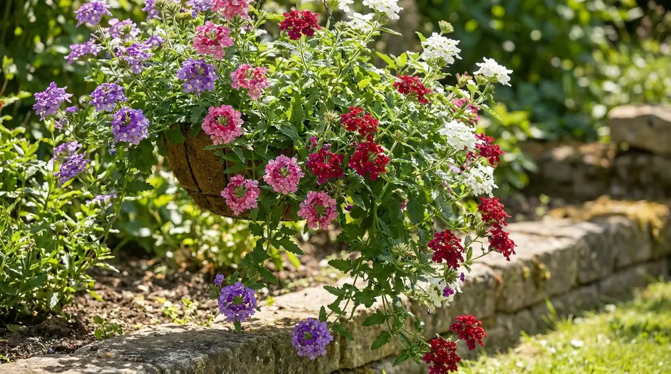 verbena flowers spreading along a sunny border with small bright blooms and trailing stems